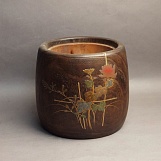 Японская ваза хибачи "Цветы", дерево, инкрустация