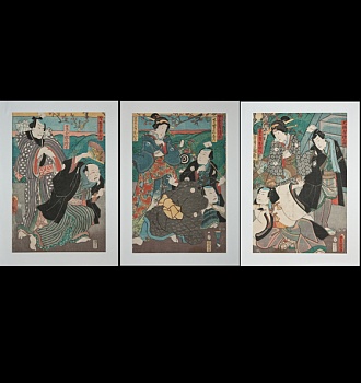 Утагава Кунисада (Тоёкуни). Сцена из пьесы "Иро но минато такара но ирифунэ". Триптих