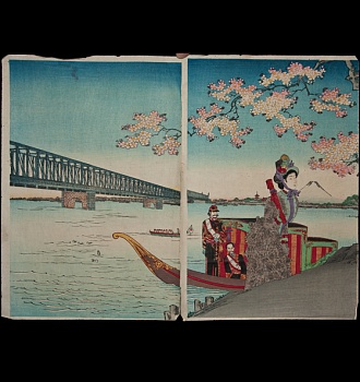 Хасимото Тиканобу. Девушка на лодке. 1880-ые гг.